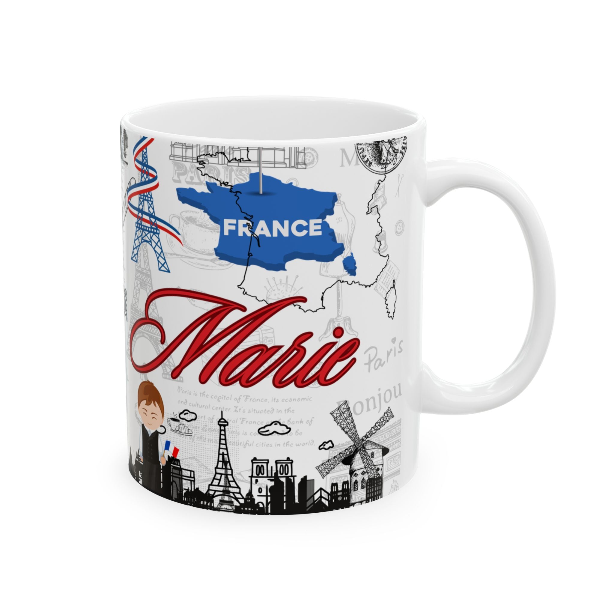 Paris Travel Collage Ceramic Mug — Eiffel Tower & Bonjour Café Design (11oz, 15oz)