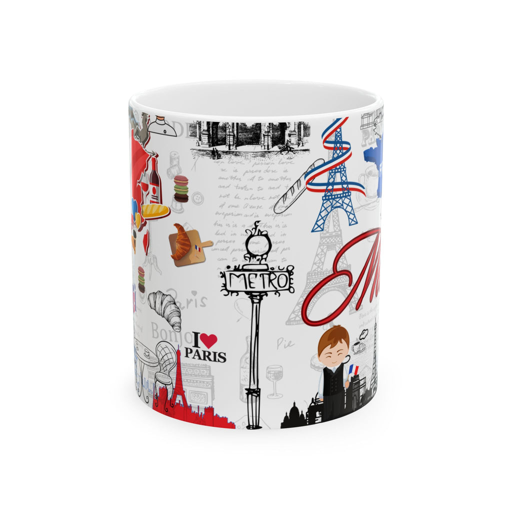 Paris Travel Collage Ceramic Mug — Eiffel Tower & Bonjour Café Design (11oz, 15oz)