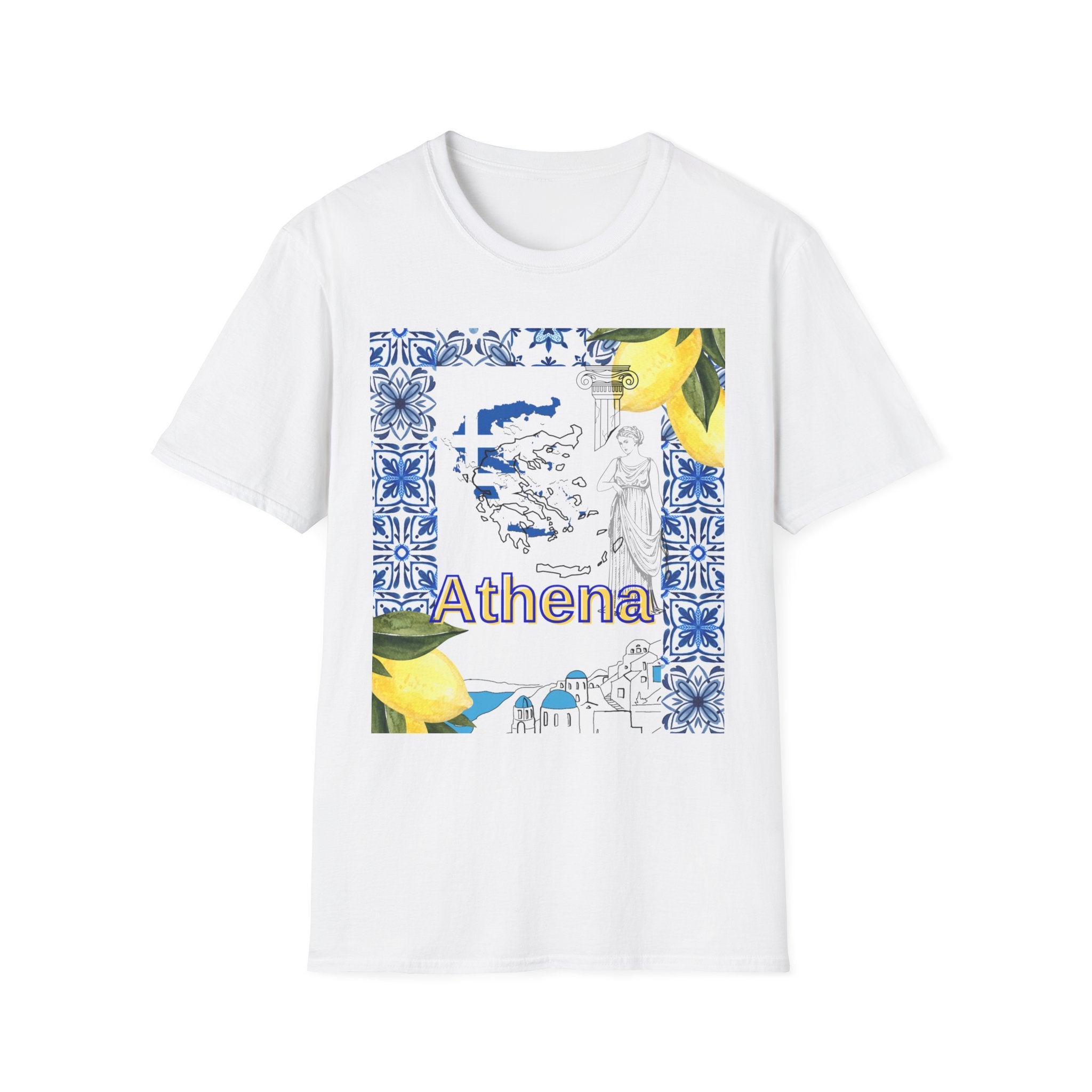 Athena Greek Map T-Shirt - Lemon & Blue Tile Mediterranean Tee