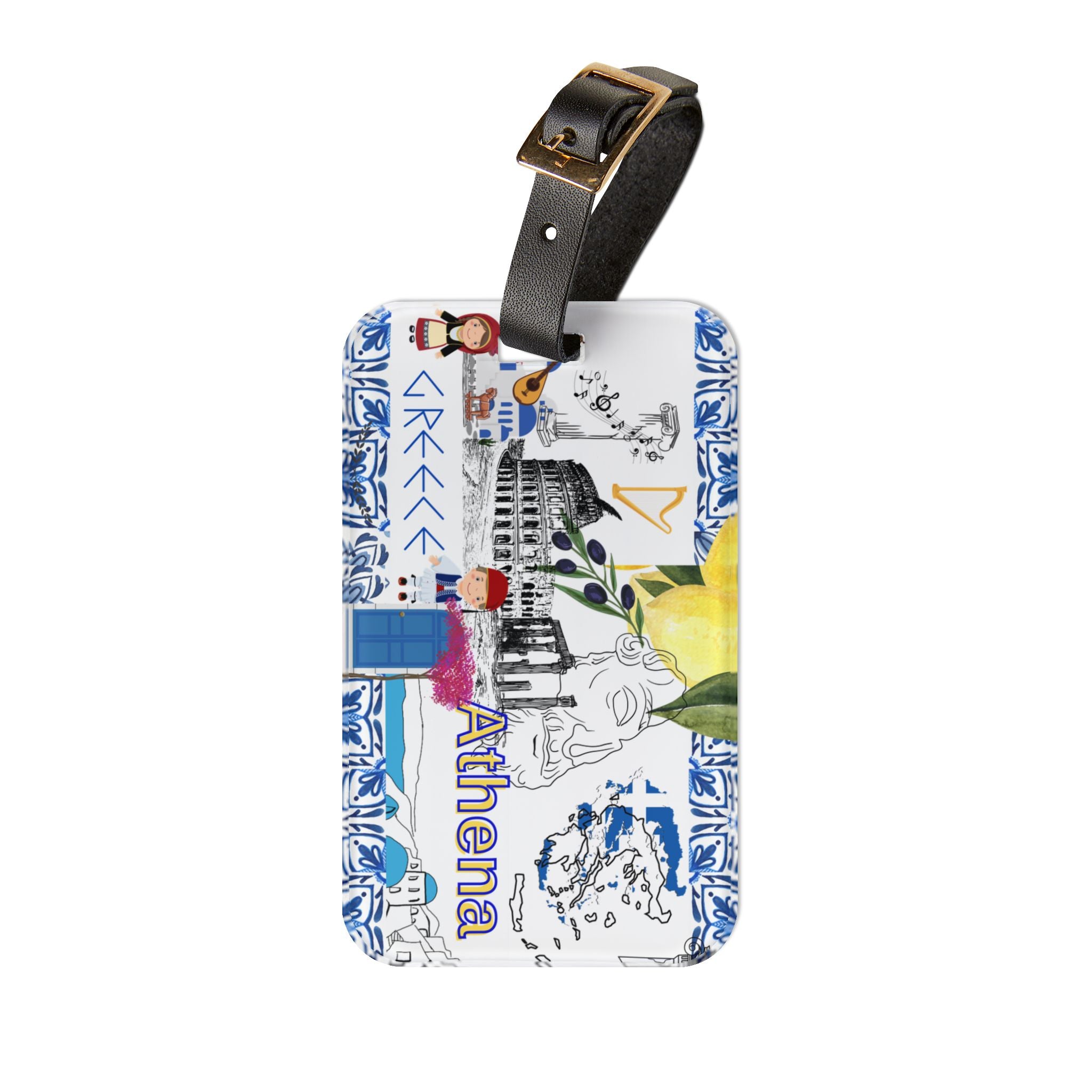 Athena Greece Luggage Tag — Travel ID with Colosseum, Olive Branch & Blue Tile Design