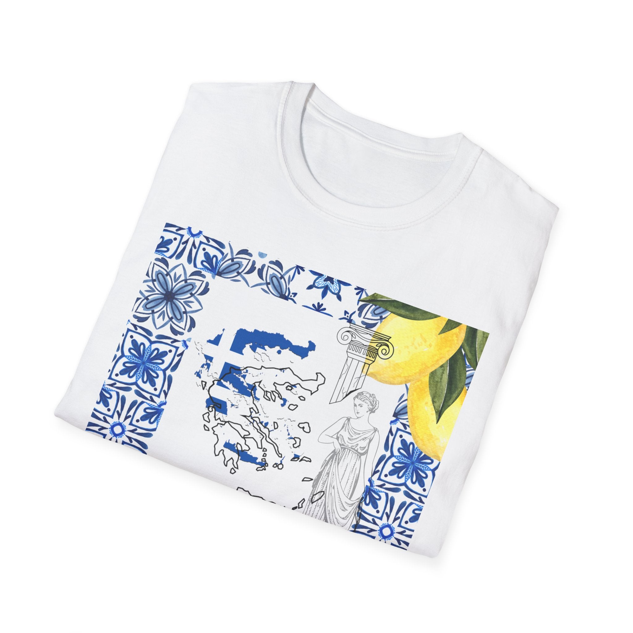 Athena Greek Map T-Shirt - Lemon & Blue Tile Mediterranean Tee