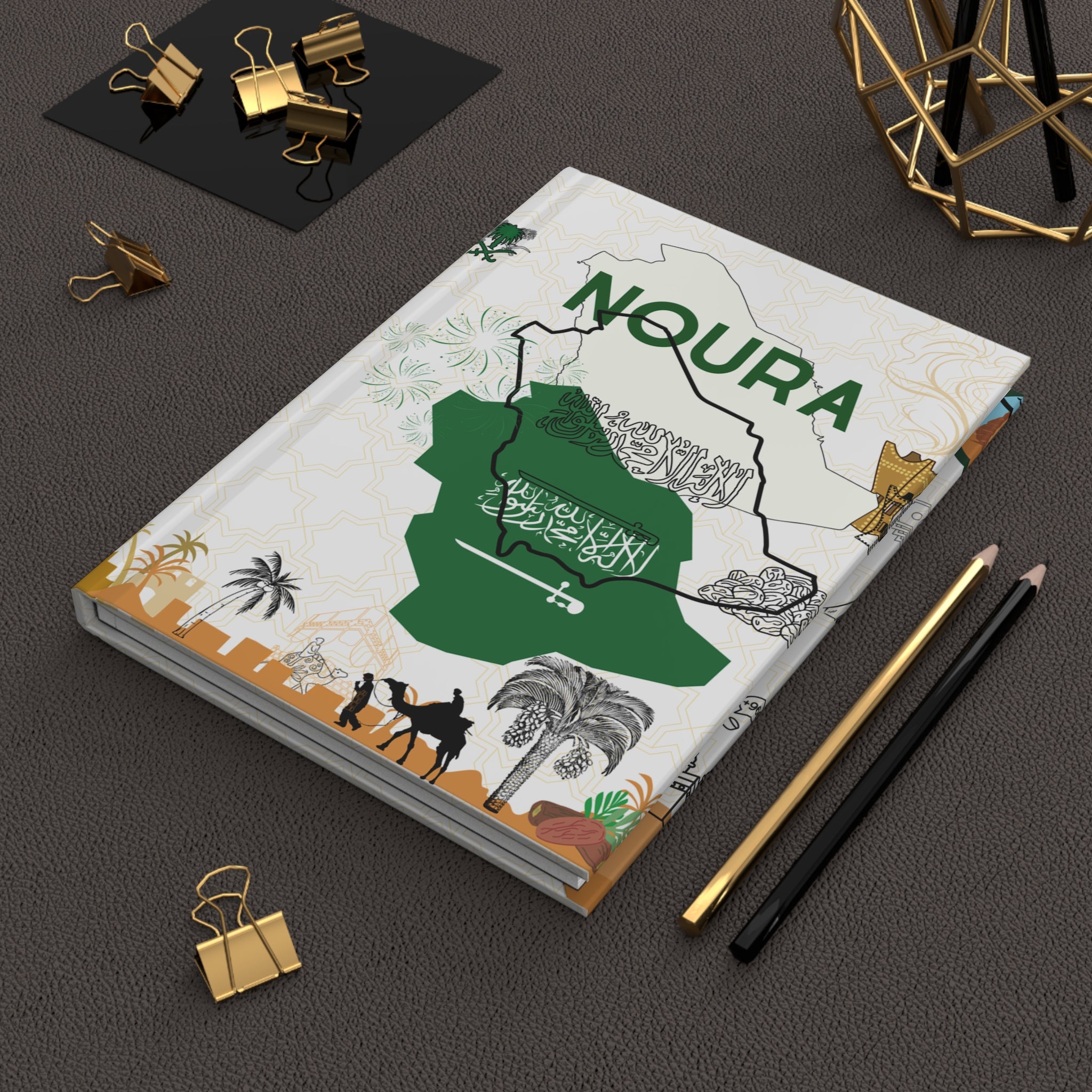Saudi Arabia Themed Hardcover Journal — Personalized Noura, Saudi Landmarks & Cultural Design