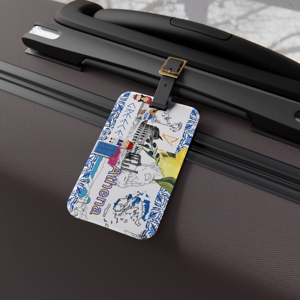Athena Greece Luggage Tag — Travel ID with Colosseum, Olive Branch & Blue Tile Design