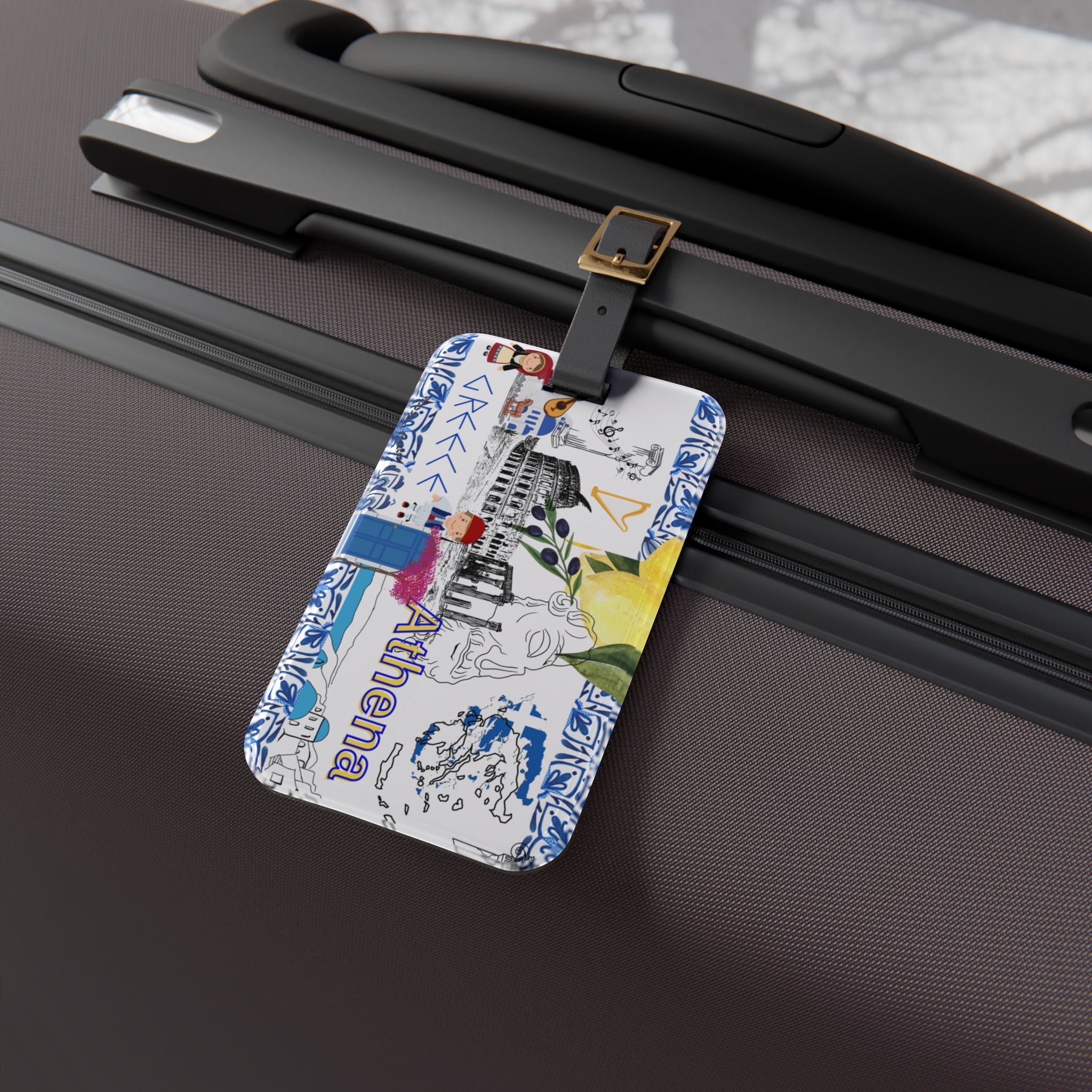 Athena Greece Luggage Tag — Travel ID with Colosseum, Olive Branch & Blue Tile Design