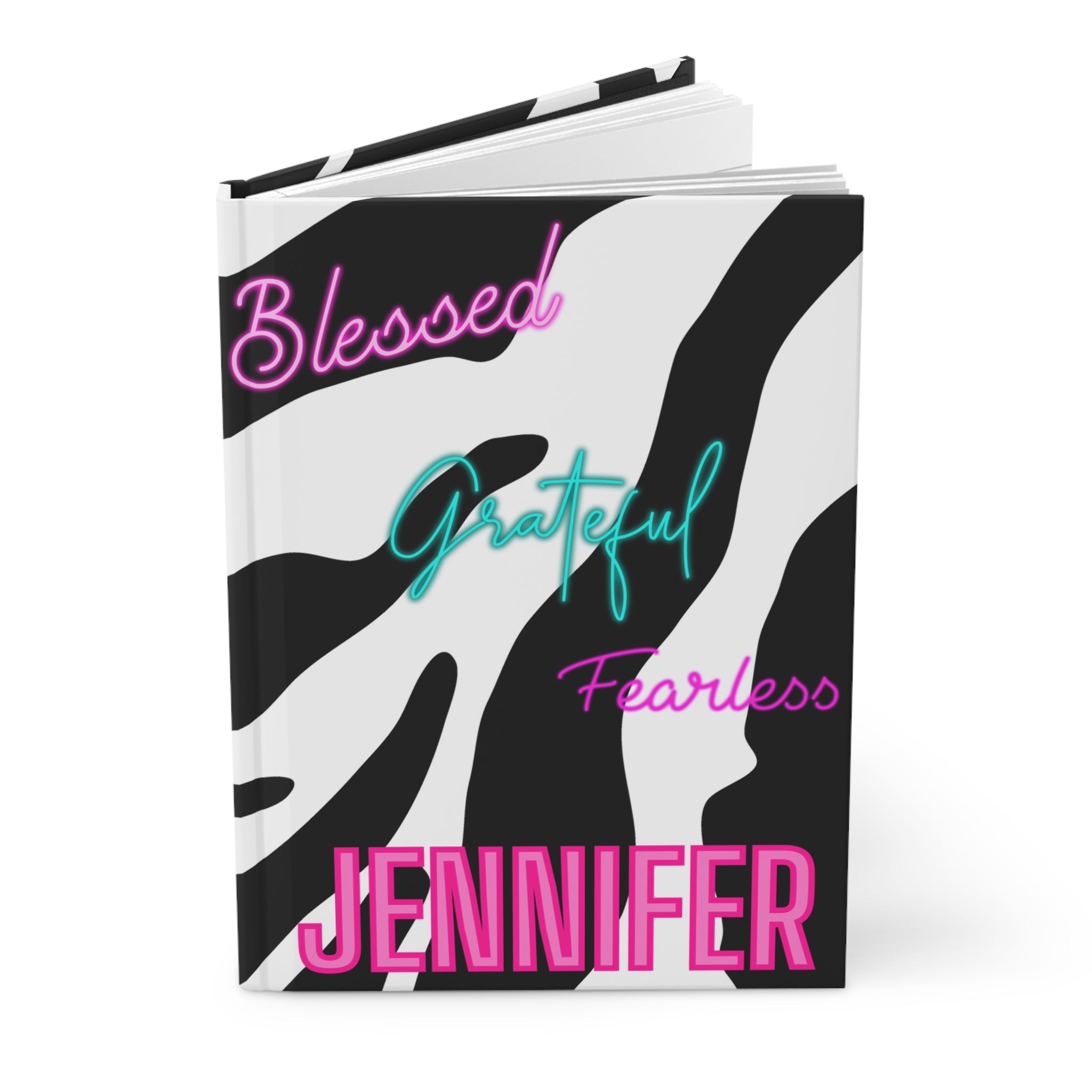 Personalized Zebra Hardcover Journal — "Jennifer" Motivational Notebook (Blessed • Grateful • Fearless)