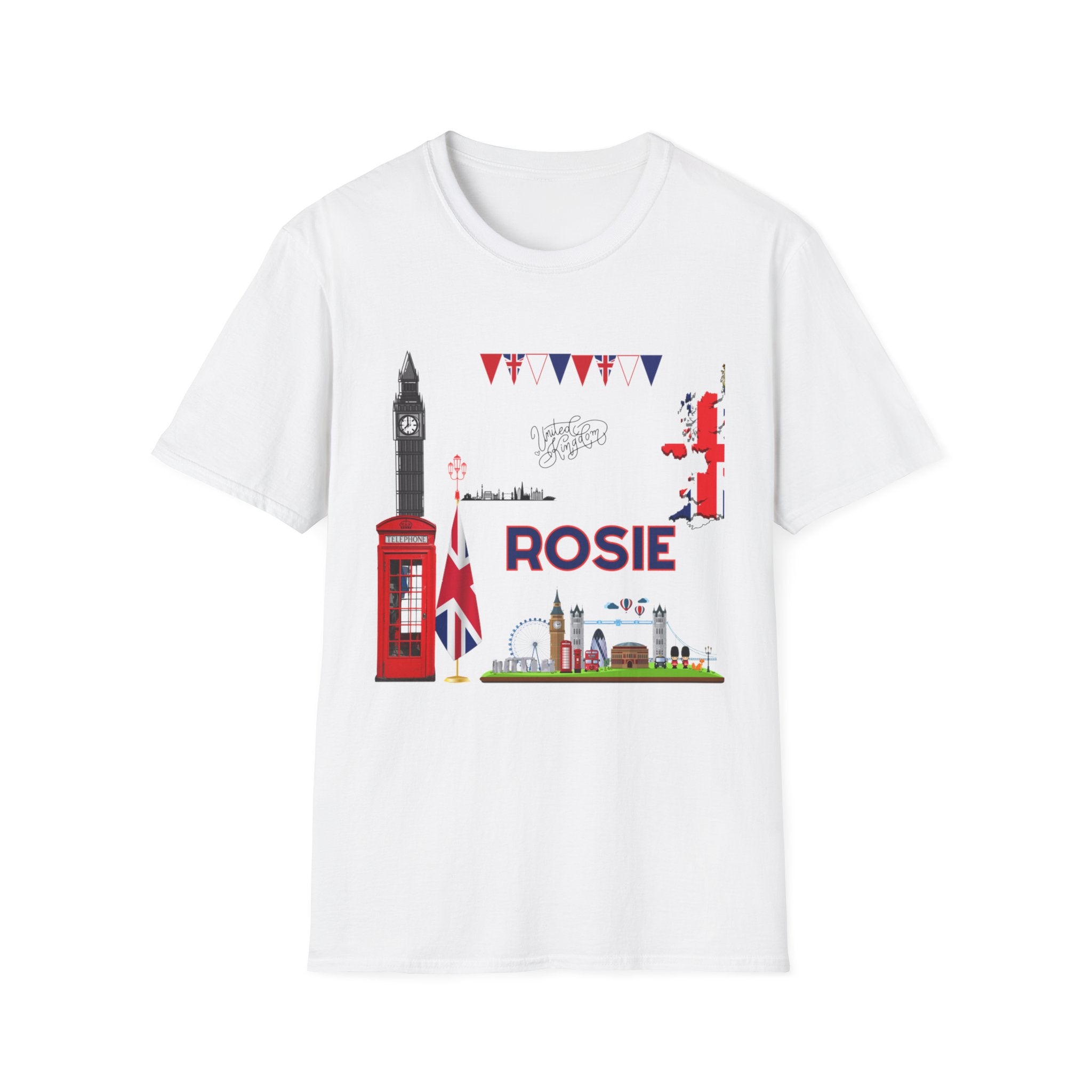 Personalised Rosie London Souvenir T‑Shirt — British Landmarks & Union Jack Design