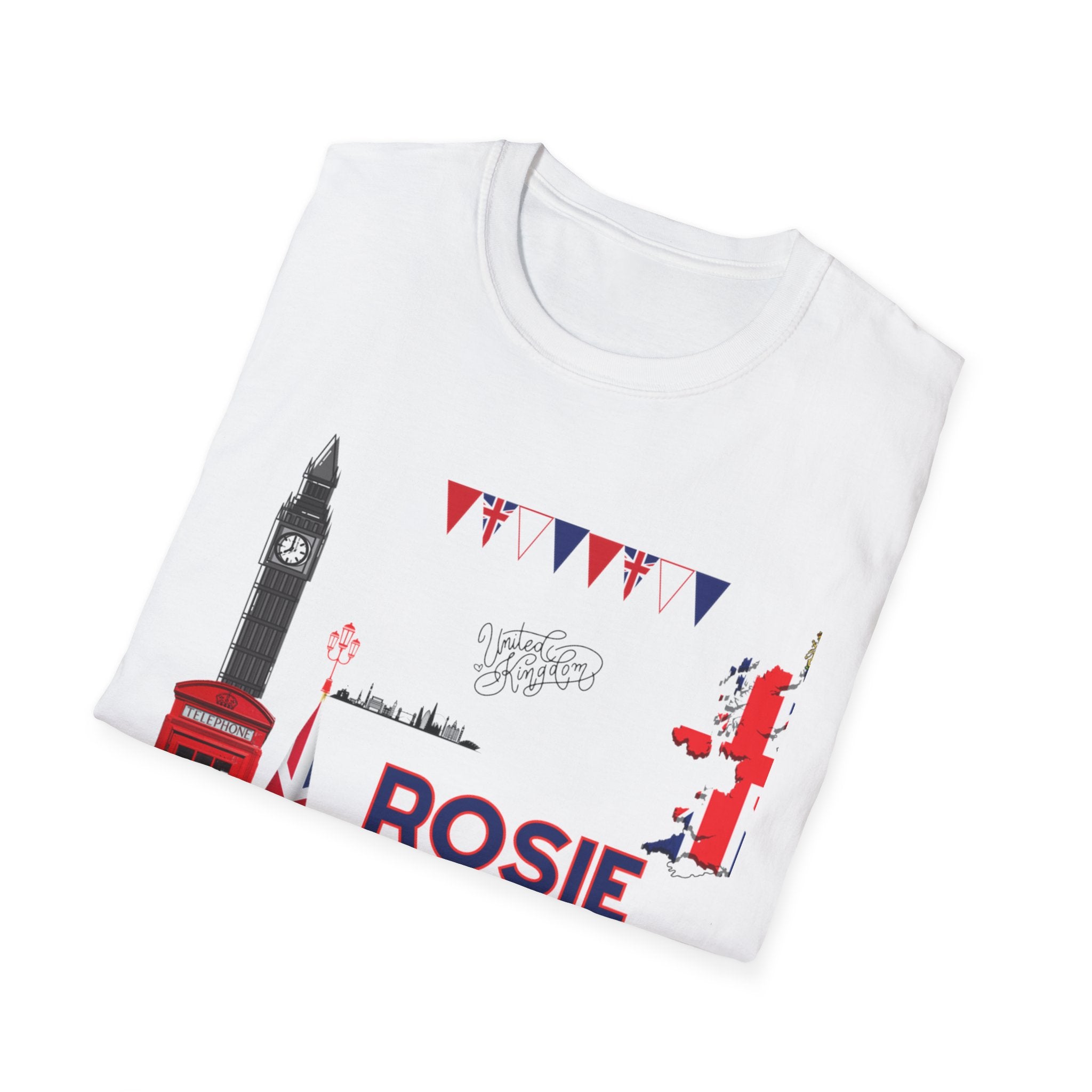 Personalised Rosie London Souvenir T‑Shirt — British Landmarks & Union Jack Design