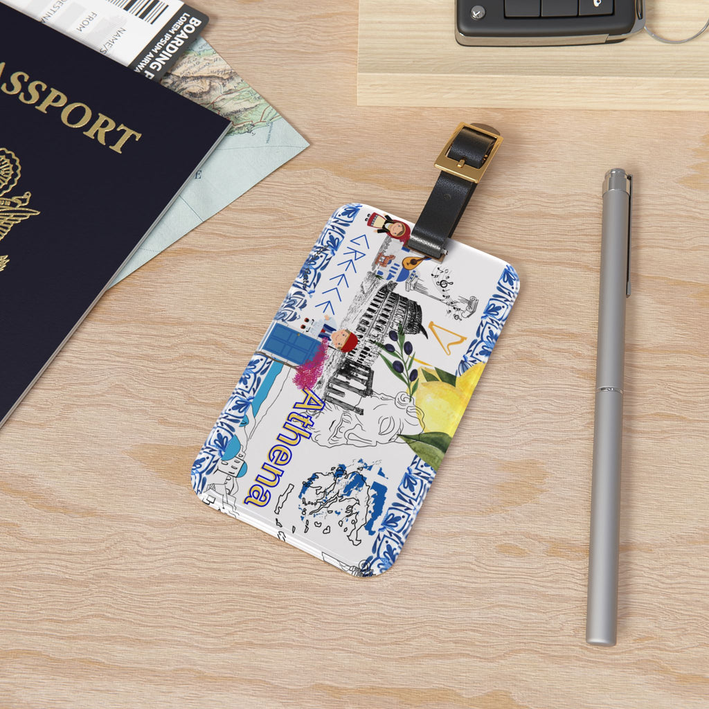 Athena Greece Luggage Tag — Travel ID with Colosseum, Olive Branch & Blue Tile Design