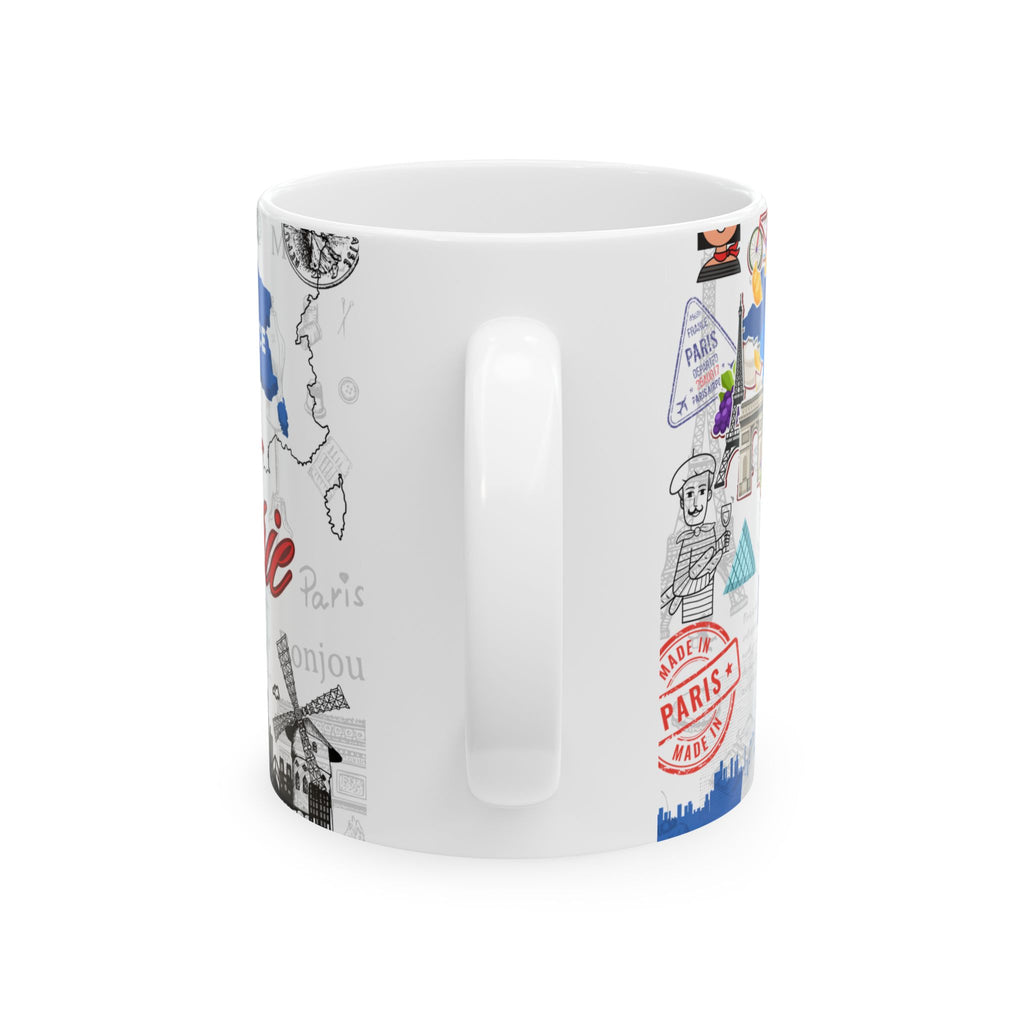Paris Travel Collage Ceramic Mug — Eiffel Tower & Bonjour Café Design (11oz, 15oz)