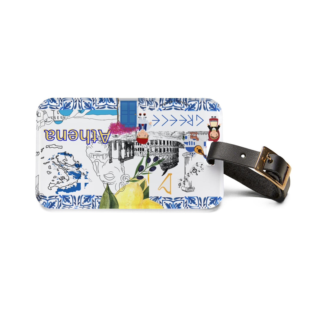 Athena Greece Luggage Tag — Travel ID with Colosseum, Olive Branch & Blue Tile Design