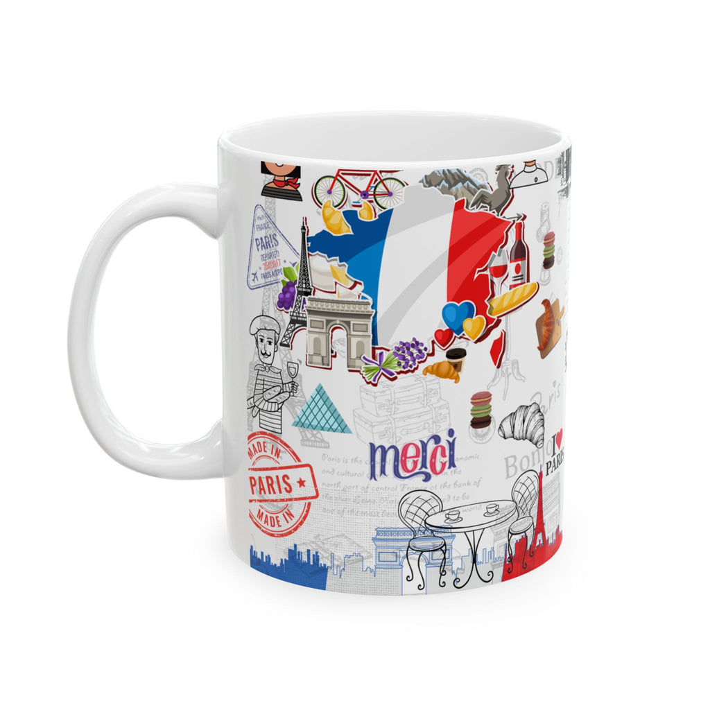 Paris Travel Collage Ceramic Mug — Eiffel Tower & Bonjour Café Design (11oz, 15oz)